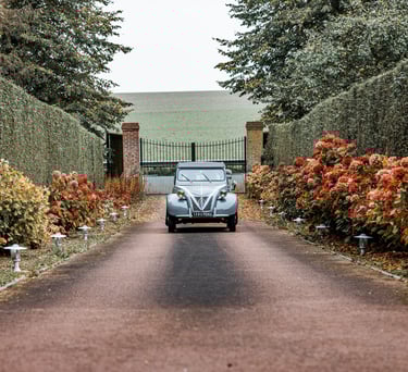 une Citroen 2CV dans une allée fleurie