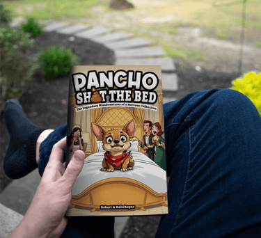 a person sitting on a bench with a book about a dog
