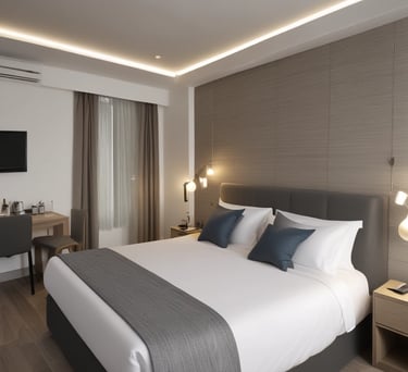 Spacious deluxe room featuring a large bed, elegant furnishings, and a seating area.