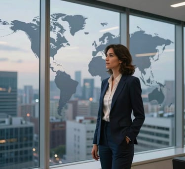 A medium shot of a modern office interior with a glass wall overlooking a global city skyline at dusk, evoking professionalism and international presence, global Spanish-speaking context, lighting in shades of steel blue and off-white.