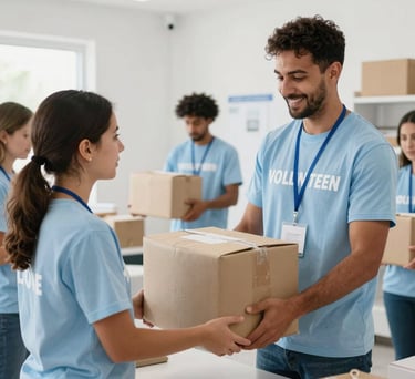 Action shot of volunteers delivering aid packages in a community center. High-key lighting, modern and clean setting. Light blue and off-white color palette. Global / Spanish-speaking.