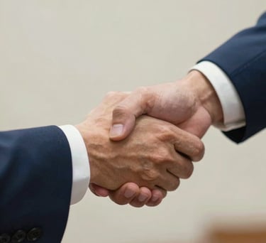 A close-up photograph of hands shaking in a professional agreement. Sharp focus, formal suit sleeves visible. Lighting is warm and optimistic. Palette involves steel blue and off-white. Global / Spanish-speaking.