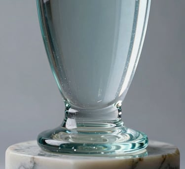A close-up of a glass trophy or seal of justice on a marble pedestal. Professional studio lighting, focus on detail. Light blue and steel blue reflections. Global / Spanish-speaking.