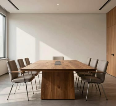 A wide angle shot of a clean, minimalist conference room with a large wooden table and comfortable seating, soft morning light, global Spanish-speaking context, atmosphere of integrity and authority.