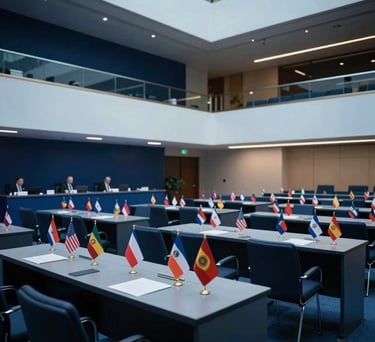 Wide-angle photography of an international summit hall. Rows of elegant desks with small national flags, clean modern architecture, soft overhead lighting. Dark blue and light blue color palette. Global / Spanish-speaking.