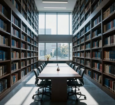 Photography of a modern legal library with tall shelves and a long study table. Sunlight streaming through large windows. Professional atmosphere with dark blue and gray-blue tones. Global / Spanish-speaking.