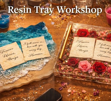 Handmade epoxy resin trays with dried roses and ocean wave effects at a DIY resin tray workshop.