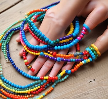 Hand holding vibrant colorful beaded bracelets and necklaces on a wooden surface.