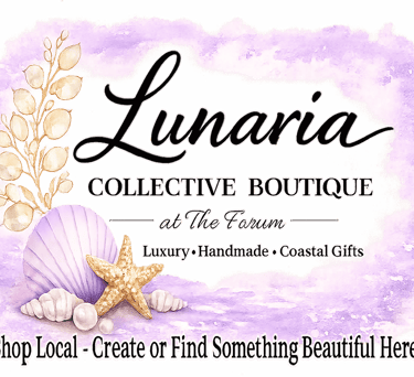 Lunaria Collective Boutique logo with coastal gifts, seashells, and starfish on a purple watercolor background.