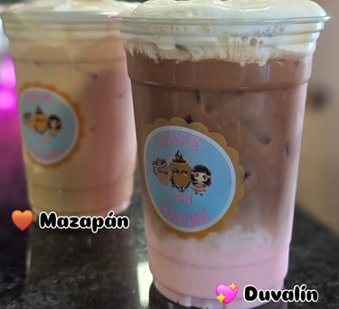 Iced Duvalin and Mazapan lattes with thick cold foam in plastic cups at Cafe Con Chisme.