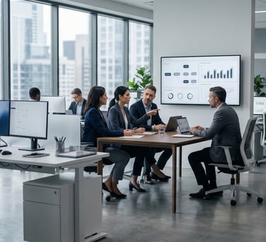 Professional business team collaborating in a modern open-plan office with data analytics on digital displays.