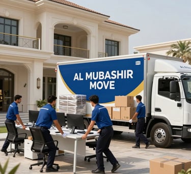 Two movers wearing slate gray uniforms carefully transporting a wrapped sofa in a modern villa hallway in Middle Eastern / Gulf (Abu Dhabi, UAE).