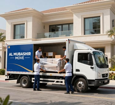 A modern white moving van traveling along a clean avenue lined with modern skyscrapers in Middle Eastern / Gulf (Abu Dhabi, UAE).
