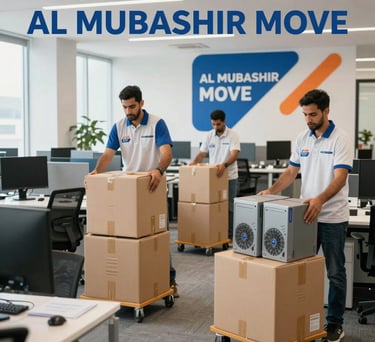 Relocation team unloading furniture items outside a modern villa driveway in Middle Eastern / Gulf (Abu Dhabi, UAE).