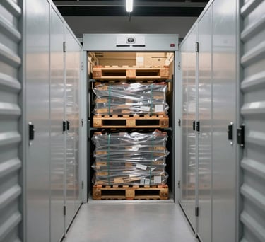 Interior view of a modern climate-controlled storage unit in Middle Eastern / Gulf (Abu Dhabi, UAE) with organized pallets and security systems.
