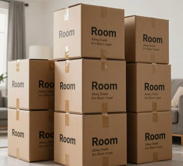 A neat array of heavy-duty cardboard relocation boxes labeled clearly with room destinations in a bright residence in Middle Eastern / Gulf (Abu Dhabi, UAE).