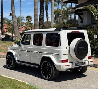 White Mercedes-Benz Brabus G-Wagon luxury SUV parked on a sunny street with palm trees.