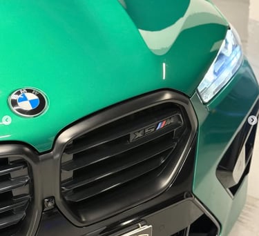Close-up of a green BMW X5 M luxury SUV front grille with black accents for rent.