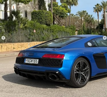 A blue Audi R8 luxury sports car parked on a sunny street lined with tropical palm trees.