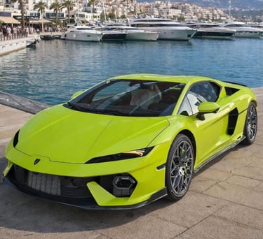 A lime green Lamborghini Revuelto parked on a stone dock near luxury yachts in a Mediterranean harbor.