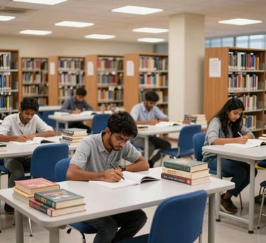 A high-quality photo of a clean, well-lit library at a South Asian institute, filled with academic books and students studying at white tables with blue chairs.