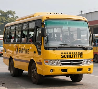 A photo of a modern school transport bus in India, painted bright yellow with the institute's branding, parked in a clean paved area.