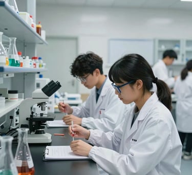 A professional chemistry laboratory in a coaching center with students in lab coats performing experiments. The setting is clean and secure.