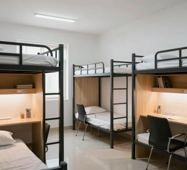 A clean, modern hostel room in a South Asian educational complex, featuring organized bunk beds, study desks, and bright white lighting.