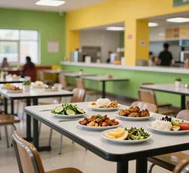 A bright cafeteria space within a South Asian campus, with clean tables, healthy food options, and a modern design using green and yellow accents.