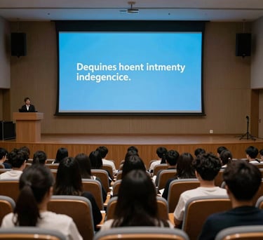 A view of an indoor auditorium or seminar hall with rows of modern seating and a large digital screen, used for student orientations and motivational talks.