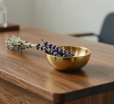 A close-up photograph of a polished wooden desk with a small gold bowl and a sprig of dried lavender in a North American / US clinical setting, soft natural lighting.