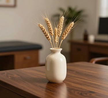 A close-up photograph of a polished wooden desk with a small ivory ceramic vase holding dried wheat, set against a soft-focus background of a professional therapy office in the North American / US region. The lighting is warm and calming, emphasizing deep brown and soft ivory tones.