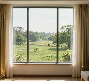 Photography of a large window in a serene therapy office, looking out onto a peaceful green landscape. The interior features gold accents and ivory curtains. North American / US style interior, bright and airy morning light.