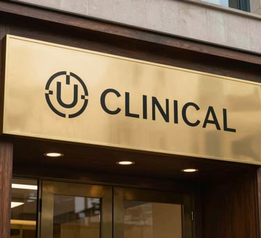 An architectural photograph of a sleek, professional North American / US clinical office entrance with gold signage and dark wood accents.