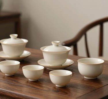 A detail shot of a ceramic tea set on a dark wood table in a peaceful consultation room, ivory and brown tones, North American / US professional aesthetic.