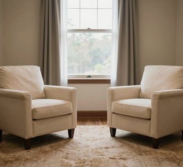 A wide shot of a North American / US therapy room with two comfortable ivory armchairs facing each other, a soft tan rug, and a large window with sheer curtains.