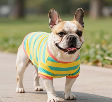 Un lindo bulldog francés con una camiseta de perro a rayas amarillas y azules mientras está de pie 