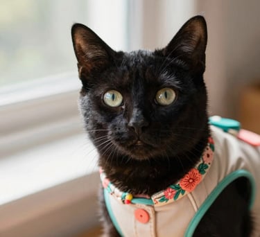 Un gato negro con ojos verdes con una elegante chaqueta floral bordada junto a una ventana.