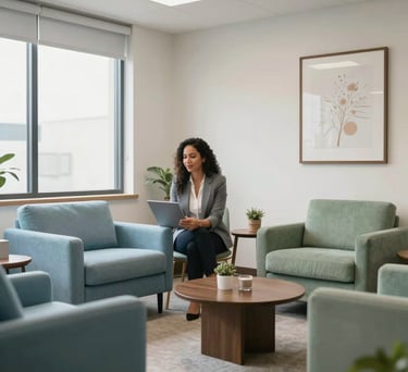 A bright and inviting consultation room in a Latin American corporate office, featuring comfortable seating and professional decor in shades of light blue and sage green, soft natural light.