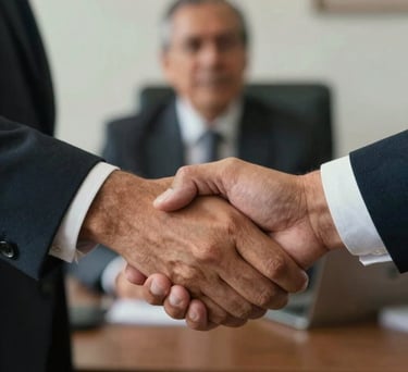 A close-up of a Latin American professional shaking hands with a mentor, symbolizing trust and agreement, with a blurred office background and warm, natural lighting.