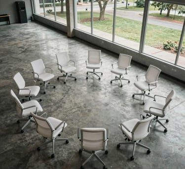 Clean, high-angle shot of a modern training room in a South American business hub. Polished concrete floors, ergonomic white chairs arranged in a circle, and large windows revealing a park view. Soft natural lighting, professional and calm atmosphere.