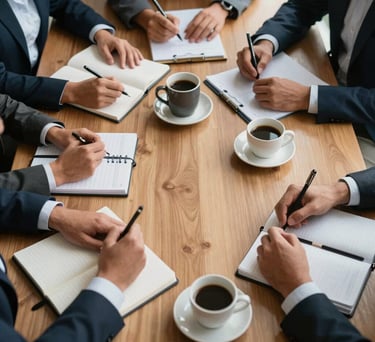 Top-down view of a business team's hands around a wooden table with notebooks and coffee cups, soft natural light, professional collaboration in a Brazilian office.