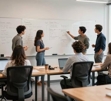 A collaborative workspace with ergonomic chairs and wooden tables, a large white board with professional notes, South American professionals engaged in a workshop, bright and airy lighting.