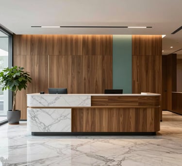 Internal view of a sleek office reception with marble floors and wood panels, minimalist design, sea green plant accents, high-end professional feel.