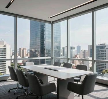 A modern corporate meeting room in a Brazilian skyscraper, floor-to-ceiling windows showing a cityscape, clean minimalist furniture in gray and steel blue tones, bright natural light.