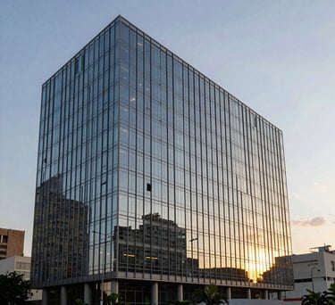 Exterior of a modern glass office building in a green urban area of Brazil, sunset reflecting on the glass, clean and professional architectural photography.