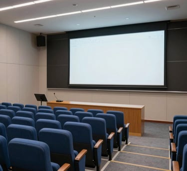 An empty, high-tech lecture hall with blue upholstered seats and a large screen at the front, professional lighting, clean and professional atmosphere.