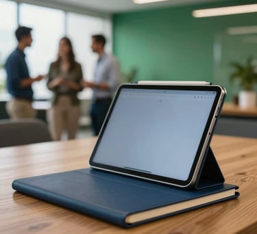 Close-up of a professional tablet and high-quality notebook on a wooden table in a brightly lit office lounge in Brazil. In the background, soft-focus professionals are networking. The palette features steel blue and forest green accents.