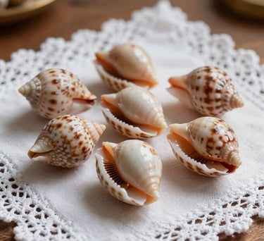 Close-up of cowrie shells (jogo de búzios) placed on a white lace cloth, soft warm lighting, professional spiritual setting in Brazil.