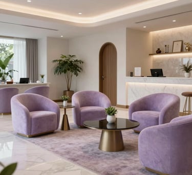 Wide shot of a luxurious South American waiting area for an esoteric clinic, featuring plush lavender chairs and sophisticated decor.